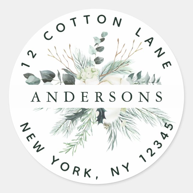 Evergreen & Cotton Flowers Return Address Classic Round Sticker (Front)