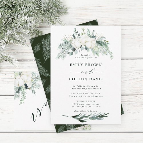 Evergreen  Cotton Flowers Watercolor Wedding Invitation
