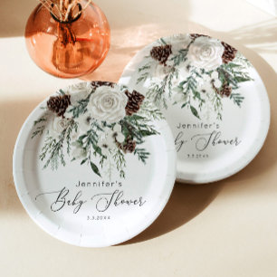 Evergreen elegant gender neutral baby shower paper plates
