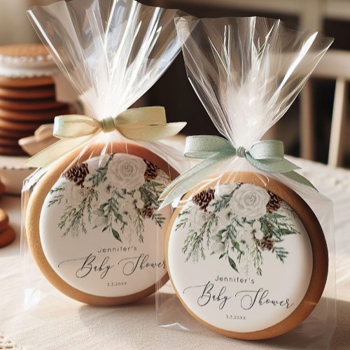 Evergreen elegant gender neutral baby shower sugar cookie
