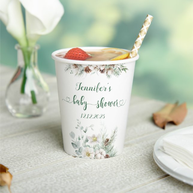 Evergreen elegant pine cone baby shower paper  cups (Insitu)
