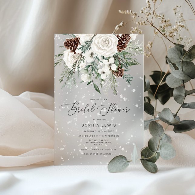 Evergreen elegant snow winter bridal shower acrylic invitations (Creator Uploaded)