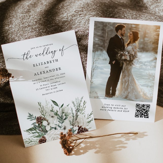 Evergreen elegant winter wedding QR code photo Invitation (Creator Uploaded)