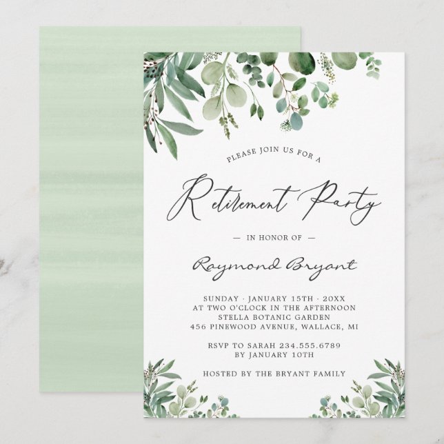 Evergreen Eucalyptus Leaves Retirement Party Invitation (Front/Back)