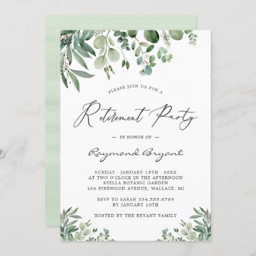 Evergreen Eucalyptus Leaves Retirement Party Invitation - Evergreen Eucalyptus Leaves Retirement Party Invitation. For further customization, please click the "customize further" link and use our design tool to modify this template. If you prefer Thicker papers / Matte Finish, you may consider to choose the Matte Paper Type. If you need help or matching items, please contact me.