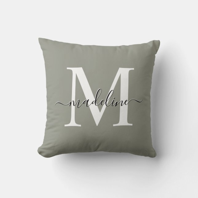 Evergreen Fog Elegant Script Monogram Throw Pillow (Front)