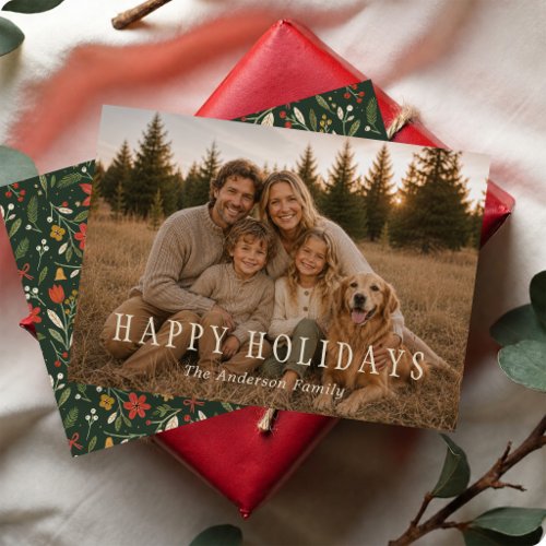 Evergreen Folk Floral Happy Holidays Photo Card