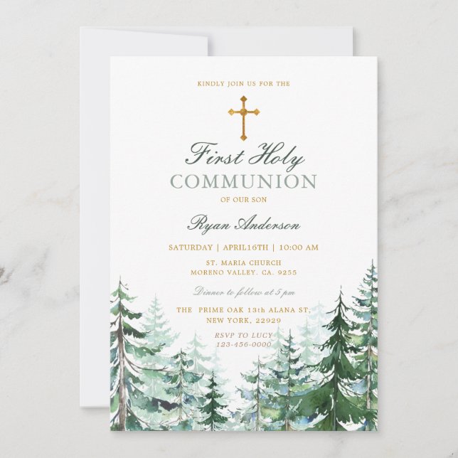 Evergreen Forest Cross Boy First Holy Communion Invitation (Front)