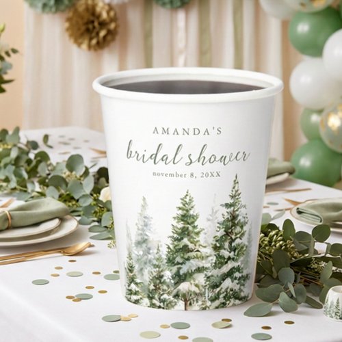 Evergreen Forest Green Watercolor Bridal Shower Paper Cups