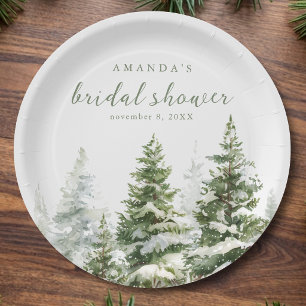 Evergreen Forest Green Watercolor Bridal Shower Paper Plates