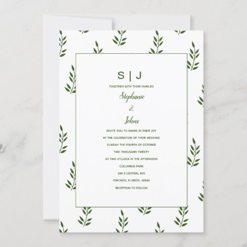 Evergreen Forest Green White Leaf Monogram Wedding Invitation