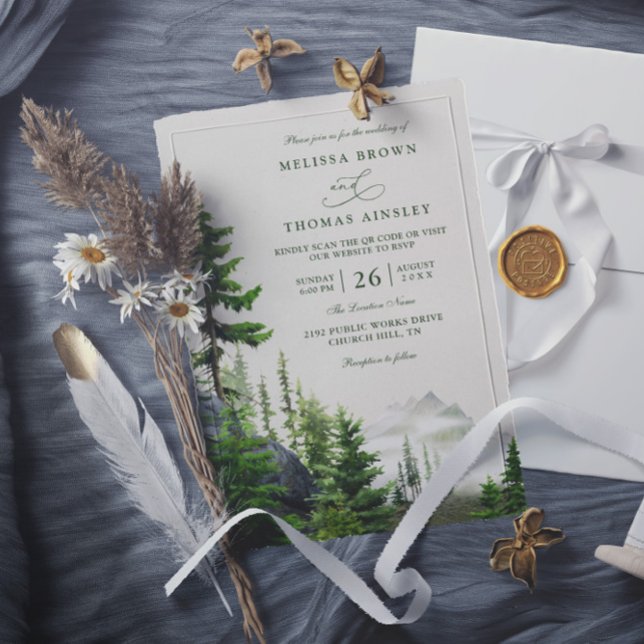 Evergreen Forest Rustic Mountain QR Code Wedding Invitation (Creator Uploaded)