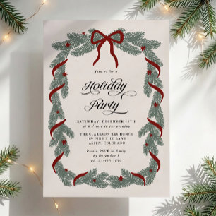 Evergreen Garland Red Bow Holiday Party Invitation