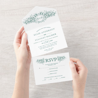 Evergreen green heraldic crest, initials wedding all in one invitation