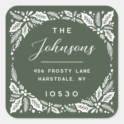 Evergreen Holly Berry Holiday Return Address Square Sticker