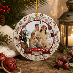 Evergreen, Holly, Red Berries Photo Christmas Ceramic Ornament