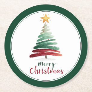 Evergreen Minimalist Christmas Tree Round Paper Coaster