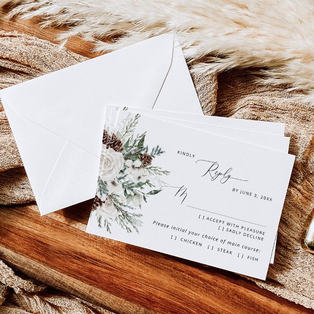 Evergreen modern winter wedding meal choice RSVP Card (Creator Uploaded)