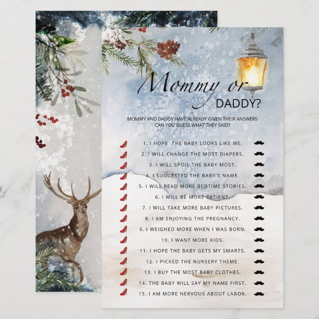 Evergreen mommy or daddy baby shower game (Front/Back)