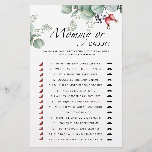 Evergreen mommy or daddy baby shower game (Front)