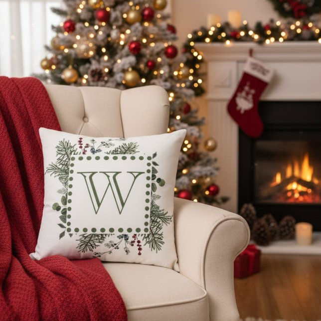Evergreen Monogram Throw Pillow (Monogram initial Christmas holiday pillow)