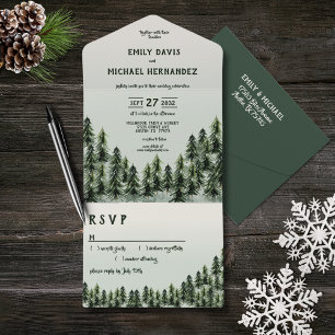Evergreen Mountain Forest Green White Black All In One Invitation