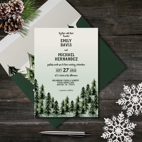Evergreen Mountain Forest Green White Black Invitation