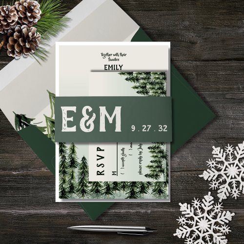 Evergreen Mountain Forest Green White Black Invitation Belly Band