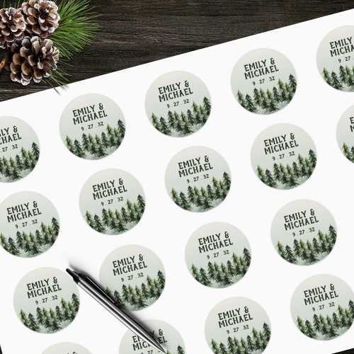 Evergreen Mountain Forest Green White Black Names Classic Round Sticker