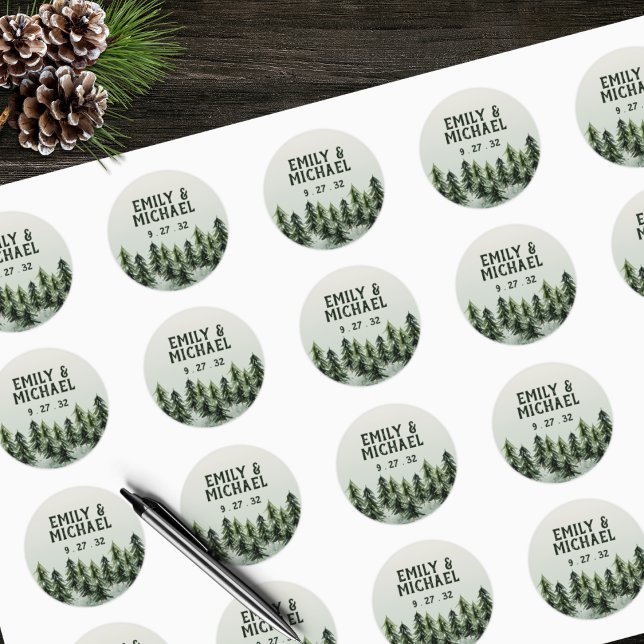 Evergreen Mountain Forest Green White Black Names Classic Round Sticker (Creator Uploaded)