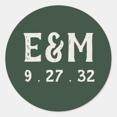Evergreen Mountain Forest Green White Initials Classic Round Sticker