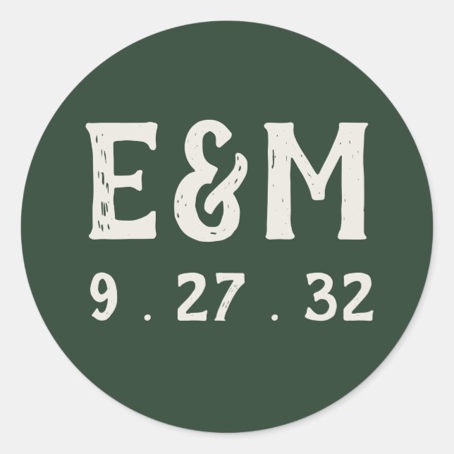 Evergreen Mountain Forest Green White Initials Classic Round Sticker (Front)