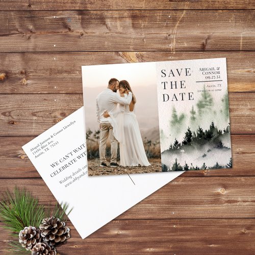 Evergreen Mountain Mist Rustic Save the Date Announcement Postcard