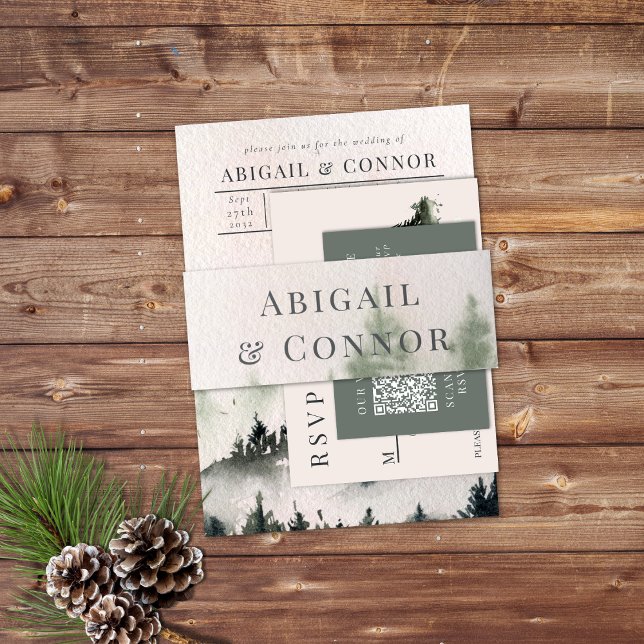 Evergreen Mountain Mist Rustic Winter White Gray Invitation Belly Band (Creator Uploaded)