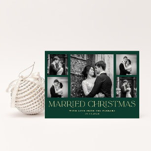 Evergreen Newlywed Christmas Wedding Photo Grid Holiday Card