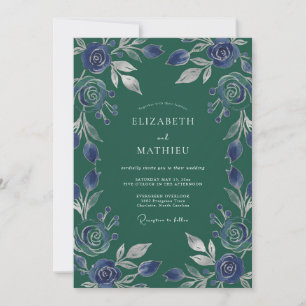 Evergreen Periwinkle Rose Wedding Invitation