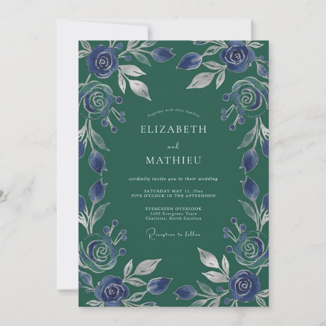 Evergreen Periwinkle Rose Wedding Invitation (Front)