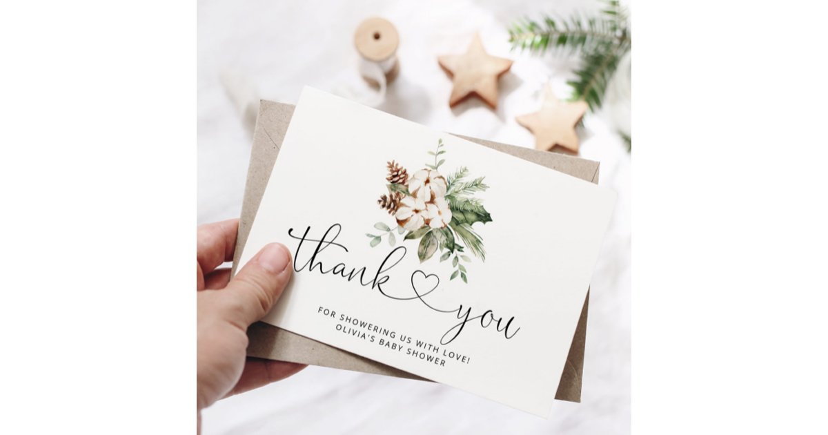 Evergreen pine cones baby shower thank you card | Zazzle