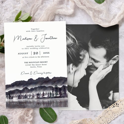 Evergreen Pine Tree Mountains Photo Wedding Invitation