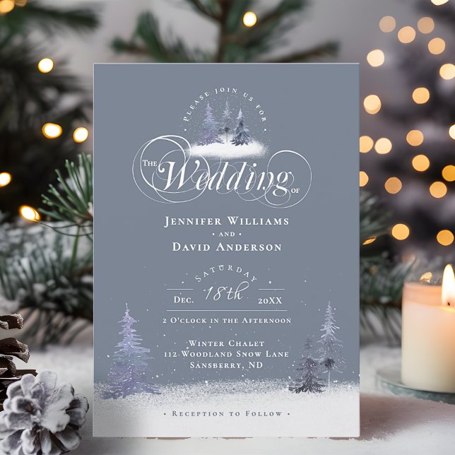 Evergreen Pine Trees Elegant Script Winter Wedding Invitation (Evergreen Pine Trees Elegant Script Winter Wedding Invitation)