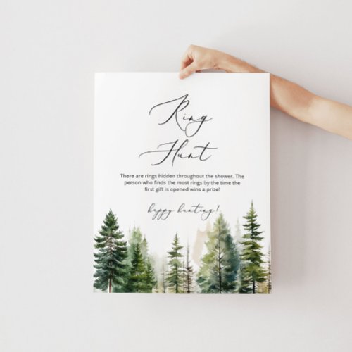 Evergreen pine trees ring hunt bridal shower game poster