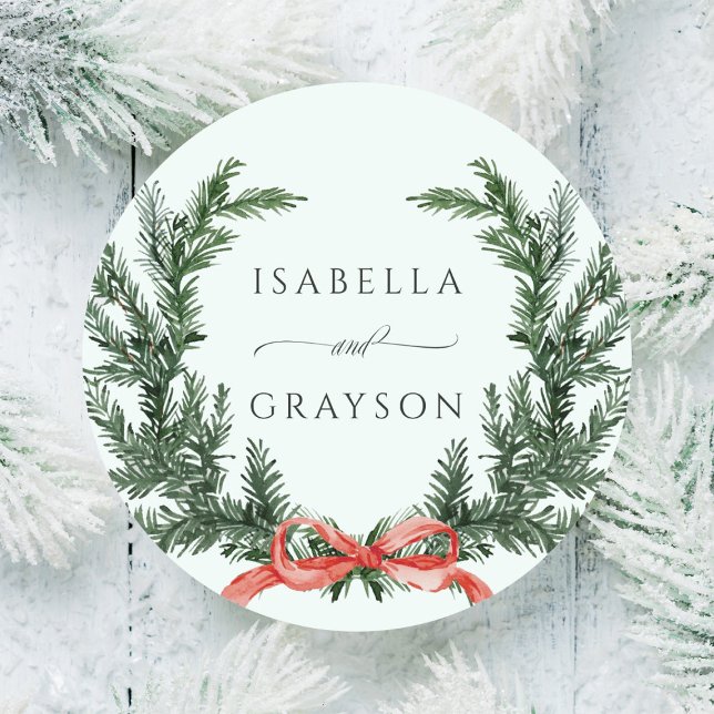 Evergreen Pine Wreath Wedding Mint Green Classic Round Sticker (Creator Uploaded)
