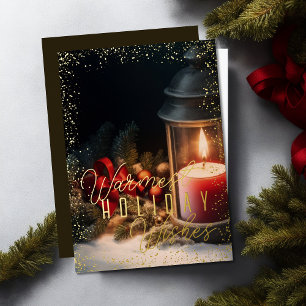 Evergreen Pinecone Christmas Lantern Candle Foil Holiday Card
