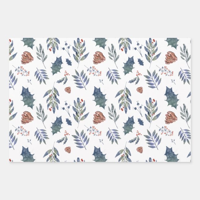 Evergreen Pinecones & Berries Green, White, Red Wrapping Paper Sheets (Front)