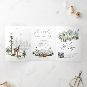 Evergreen Pines Rustic Mountain Forest Wedding Tri-Fold Invitation