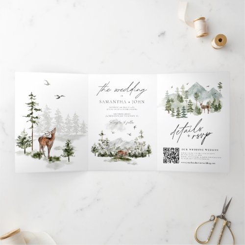 Evergreen Pines Rustic Mountain Forest Wedding Tri_Fold Invitation
