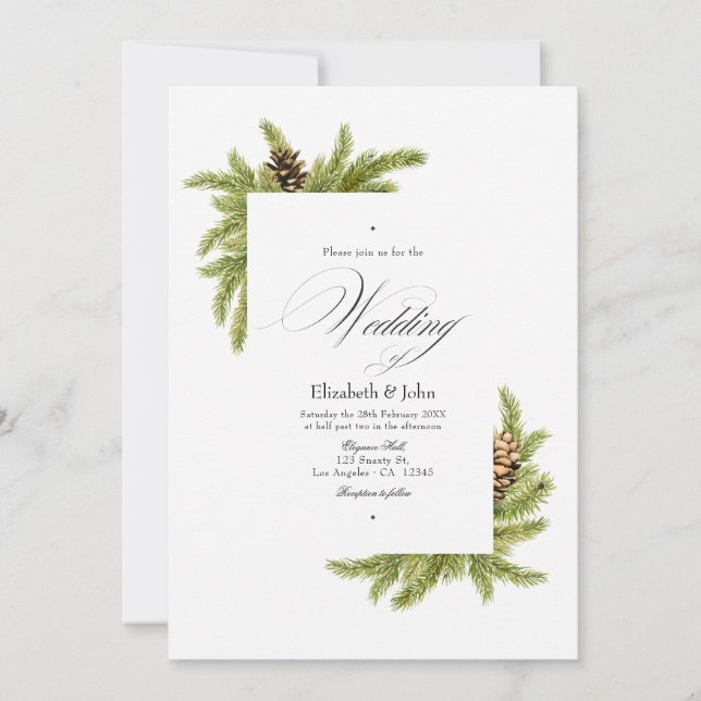 Evergreen Pines Winter Wonderland Wedding QR Code Invitation (Front)