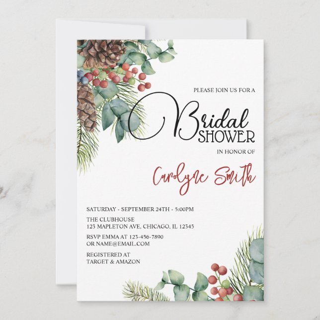 Evergreen Poinsettia Elegant Winter Bridal Shower Invitation (Front)