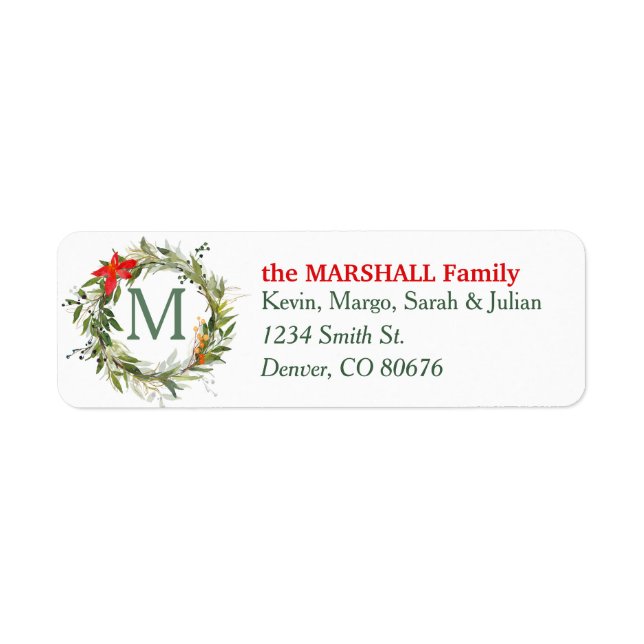 Evergreen Poinsettia Monogram Christmas Wreath Label (Front)