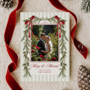 Evergreen Red Bow Garland Merry Married Photo Holiday Card